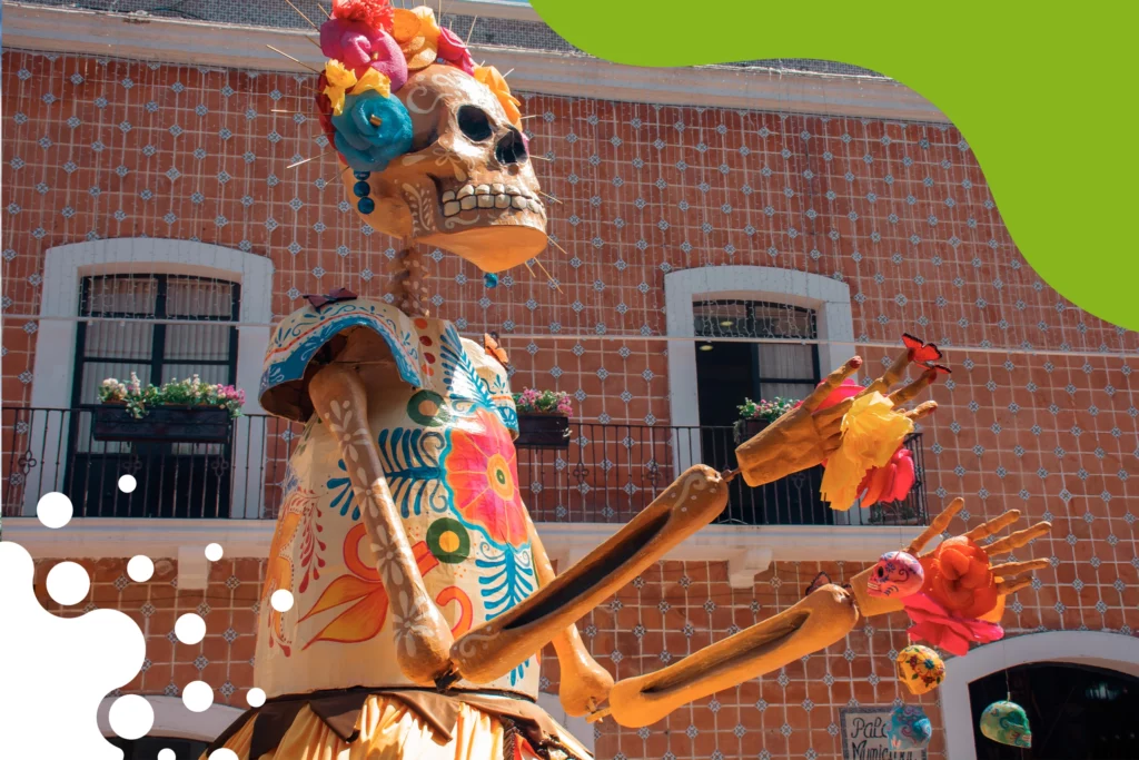 Alegórico de catrina colorida en calles de puebla